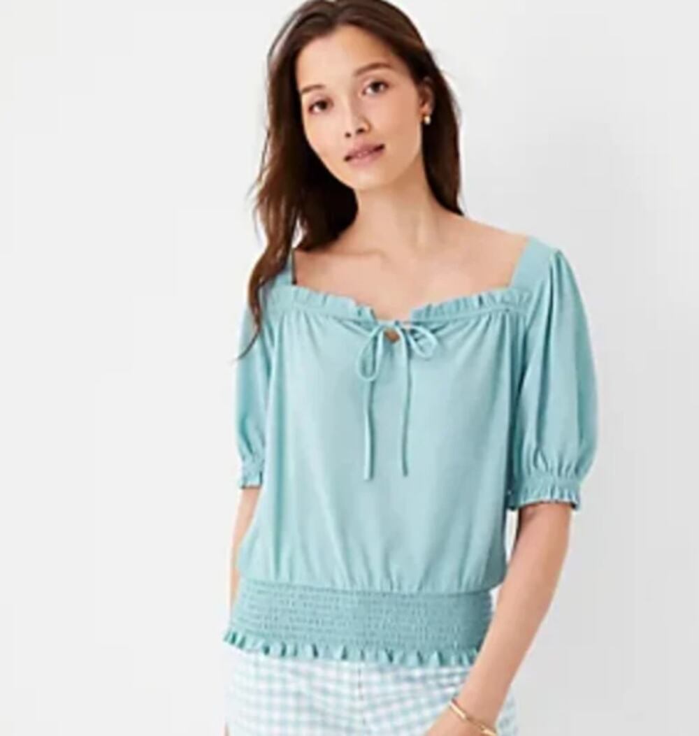 Ann Taylor Small Square Tie Neck Smocked Waist Top